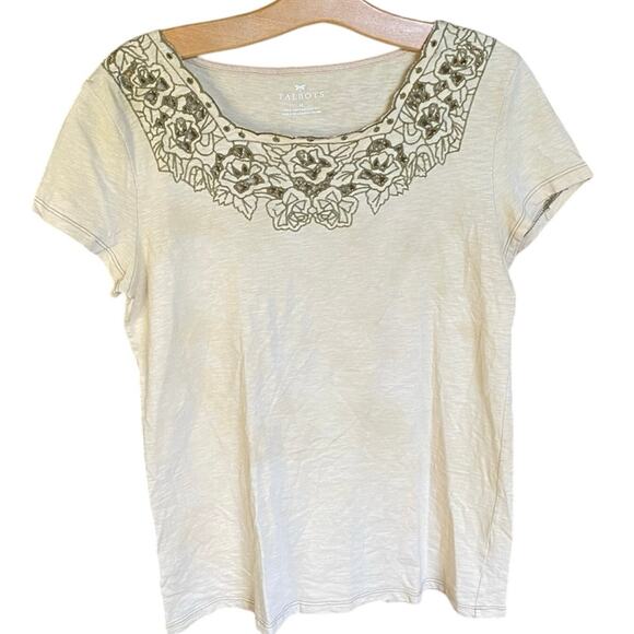 Talbots Green and Gold Embellished Short Sleeve Blouse medium 100% cotton - Picture 1 of 4